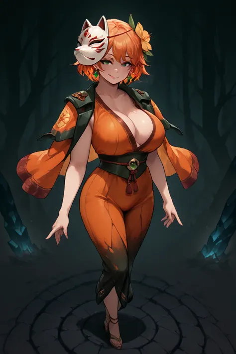  a girl, masterpiece,   breasts, big boobs, crystal earrings, Dark Fire Powers  , fox mask, Flower on the head, full body,  smile ,  green eyes , mischievous look, orange hair , short hair ,  full body, chaqueta on shoulders,  around a fantasy landscape of...