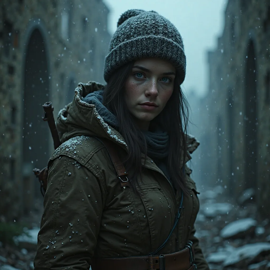 Gorgeous slavic young woman with cold weather hiking clothing , ruined castle inspired from resident evil 4 in atmosphere of silent hill background in night , close up Nervous, Cowboy Shot, 