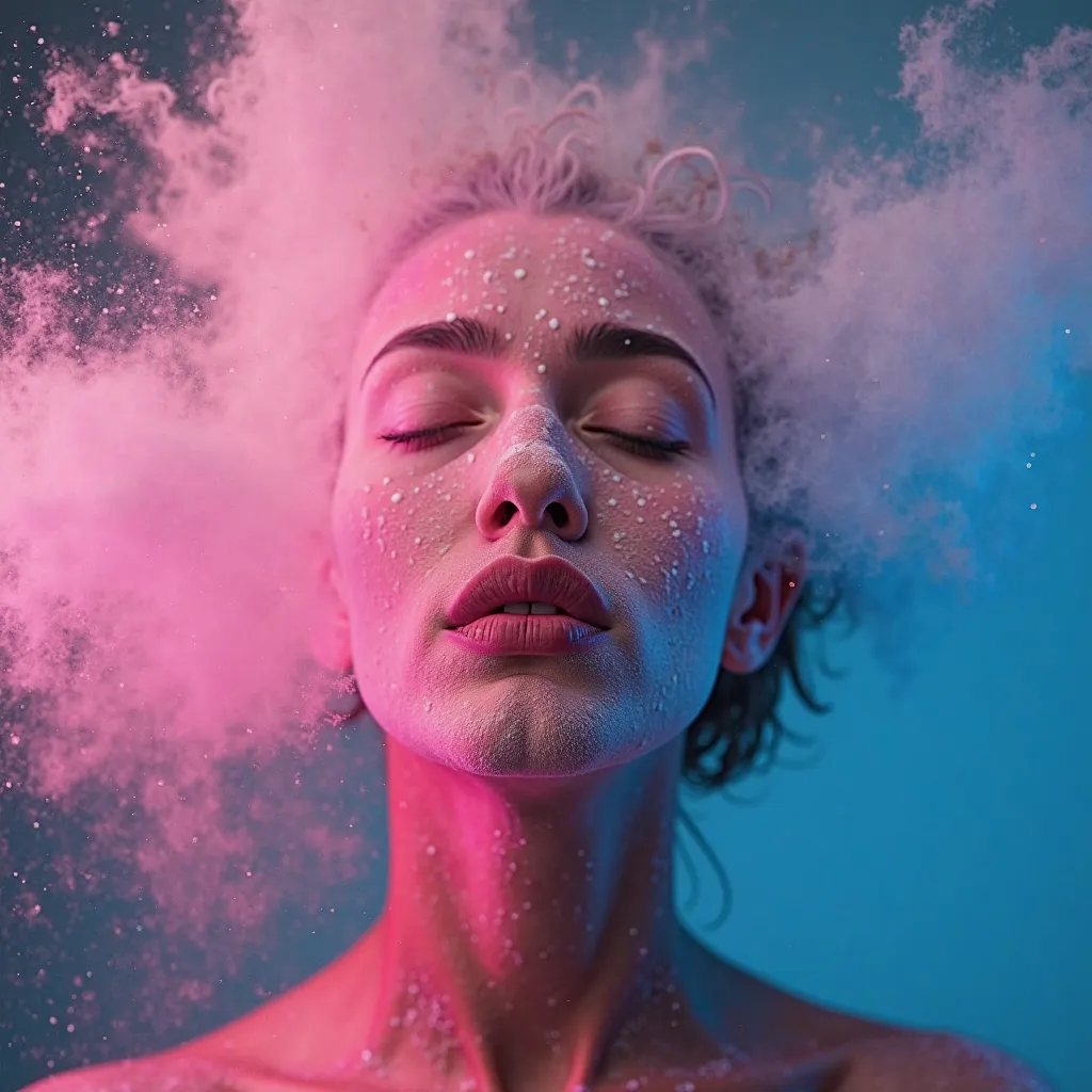 📸 concept: A portrait with a model blowing or throwing colored powder into the air, creating a vibrant cloud around the face. The powder can be white for a ghostly effect or neon for a modern look. High-speed capture to freeze the motion perfectly.