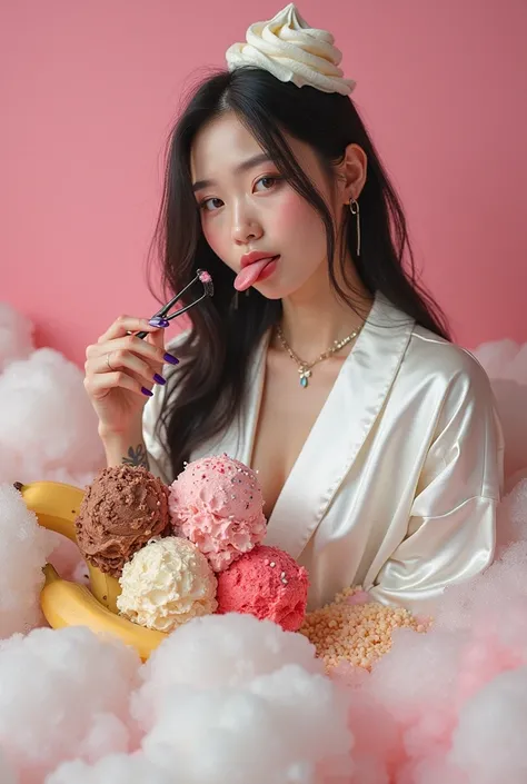 
( In the clouds )Sitting in a Pool of (Vanilla, chocolate, strawberry ice cream and bananas)( wearing a silky white robe)( whipped cream in hair) ( sticking tongue out)( covered in sprinkles)( cloudy pink background)(beautiful chinese girl, light skinned,...