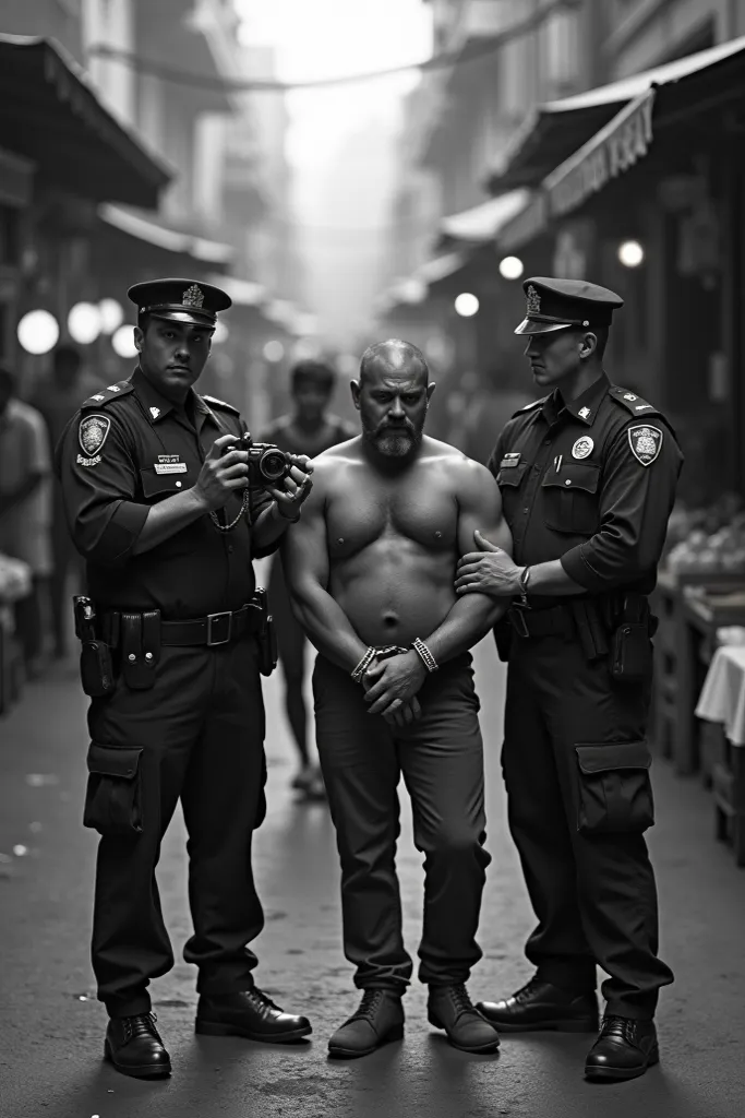 Two policemen with a thug in the middle taking a photo in front of the market
