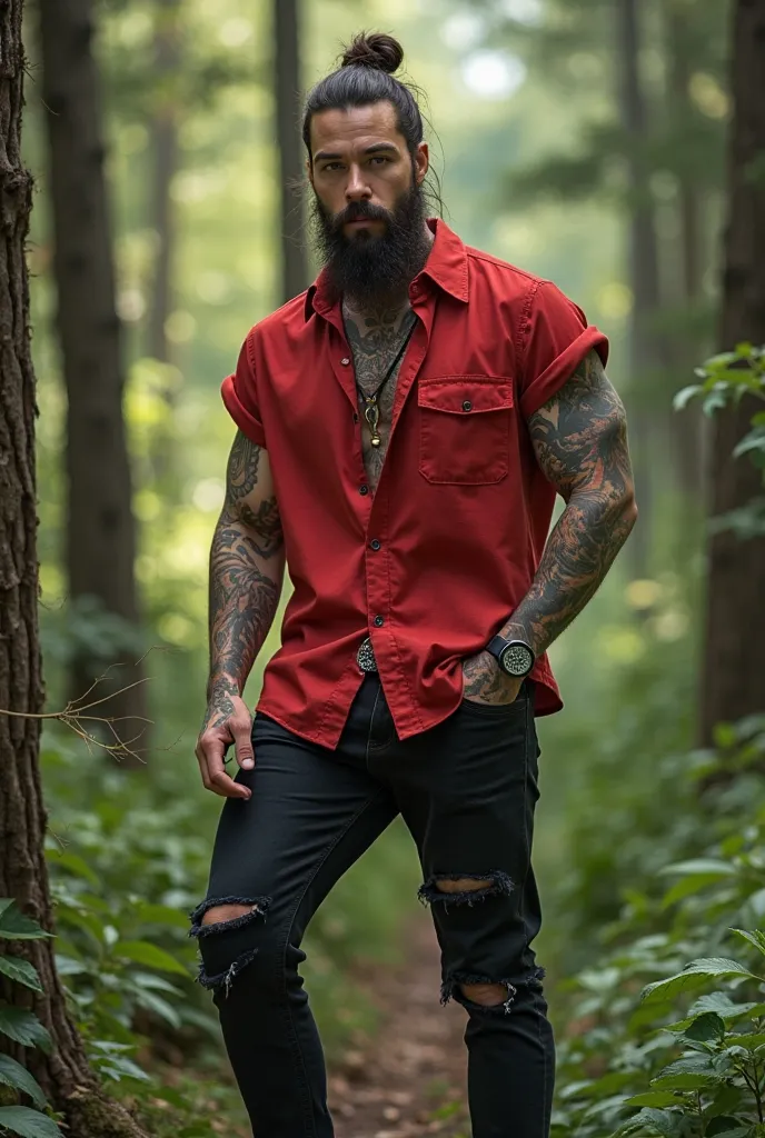 A 38 year old man, he has 1,70 a well-groomed beard and long hair tied in the shape of a bun, he wears a red blouse and black jeans with rips, he has a black shoe with white highlights, And many tattoos all over his body, his face is very handsome and he i...