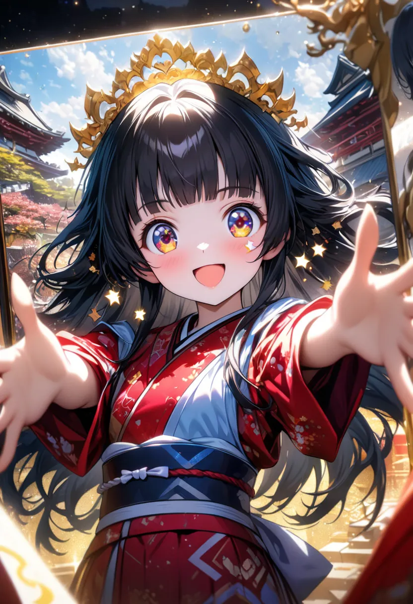 ((Cute Japanese girl, Anmitsu Hime, Hime cut, long hair in the back, black hair, red kimono with lots of gold heart patterns, blue obi, gold tiara, lots of star-shaped hair ornaments, excited look, photo, arms outstretched, looking at camera, happy express...