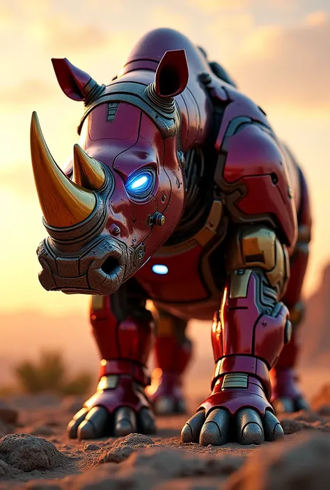 Prompt:
"Hyper-realistic 8K image of a fusion between Iron Man and a powerful rhinoceros, with the rhino's head as the dominant feature. The creature's head combines the rugged, muscular structure of a rhinoceros with advanced biomechanical elements inspir...