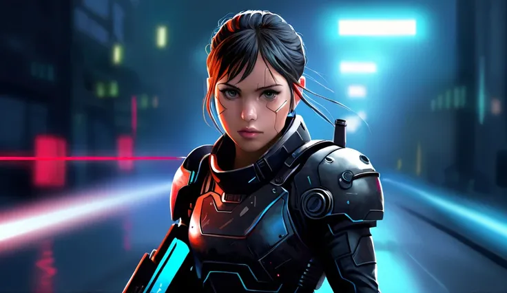 Young girl, Anime style, Shibuya, modern, technology-assisted environment, Cyberpunk battlefield background, black cybernetic armor, red lines in every inch of her armor, slashing light Indonesian keris, HD, High Detailed, Masterpiece