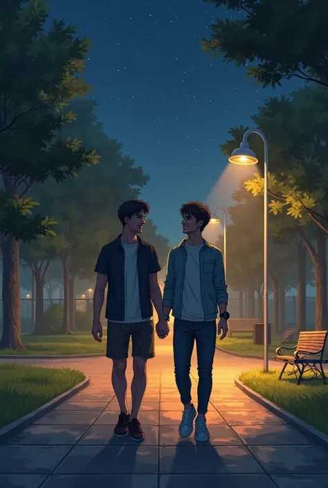 Two male friends walk through a park at night under the light of streetlights.