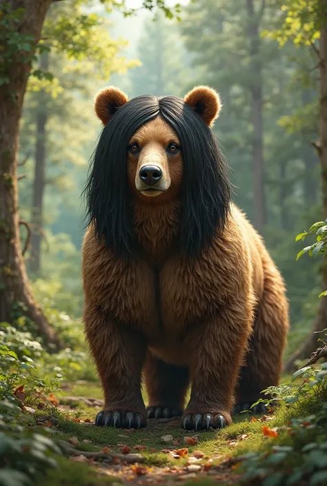 A brown bear in the middle of the forest who has a black wig only the wig is black 