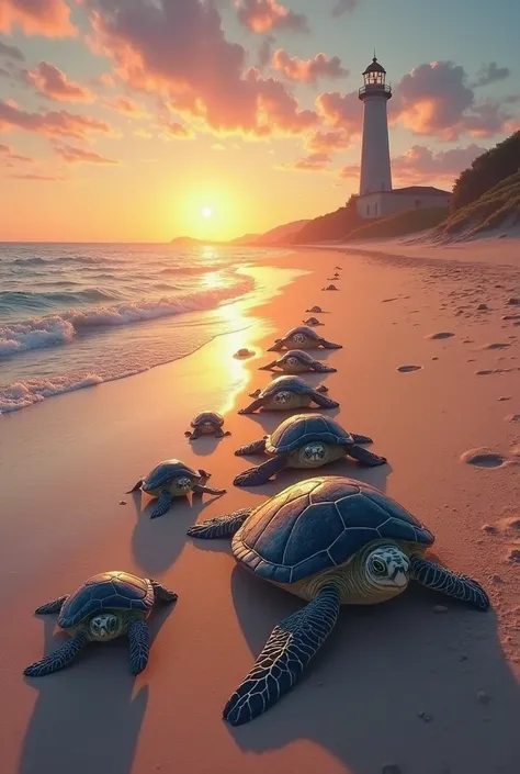 Sea turtle with their young just hatched from the egg, walking towards the water and in the background a beach with a seashore and a lighthouse at sunset 