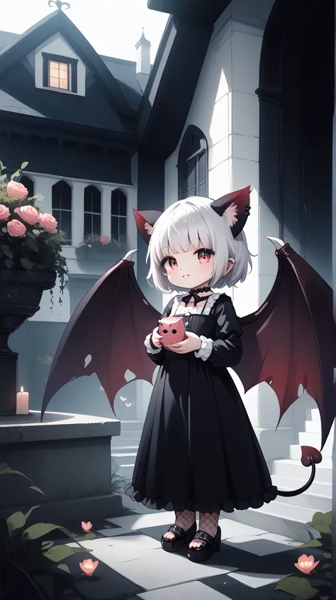 neko, toddler, girl, gothic, demon, demon tail, demon wings, full body, body fur