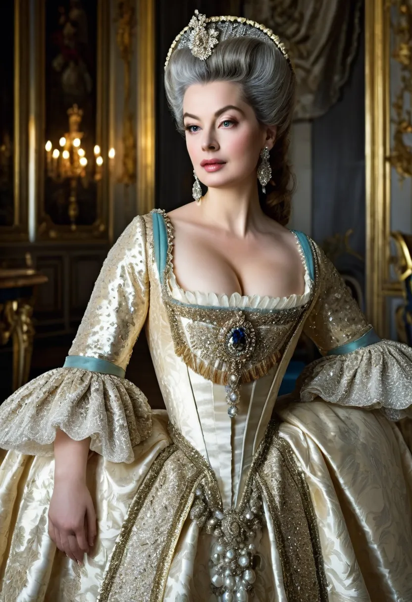 An authoritative and powerful real photo of a beautiful and celestial and majestic Madame de Pompadour who is a chief mistress of King Louis XV with large elegant, hawk-like-nose, who embodies old fashioned class, sophistication, elgance as well as wholeso...