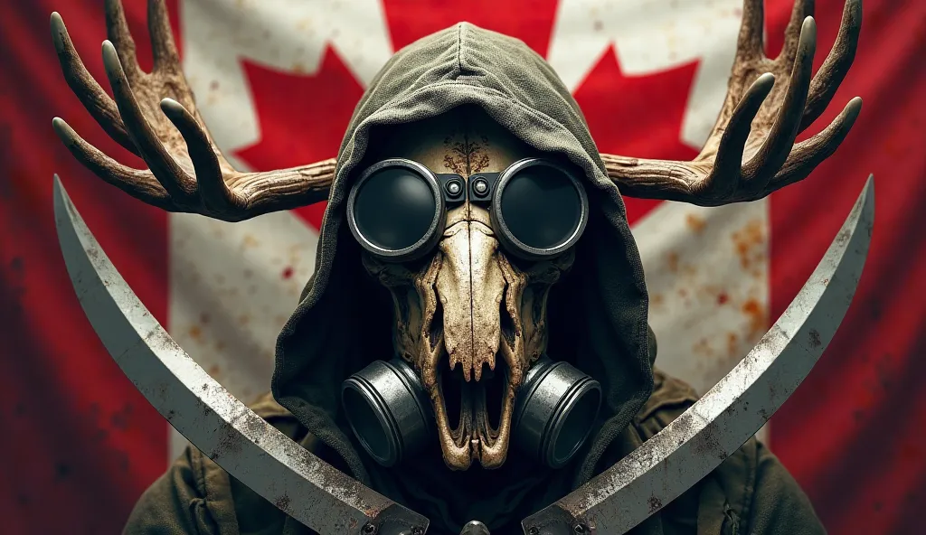 A highly detailed, photorealistic set of pirate colours. At the center, an aggressive, battle-worn moose skull wearing a tactical gas mask with dark lenses and rugged filters, partially concealed beneath a tattered, shadowy hood. The hood drapes over the s...