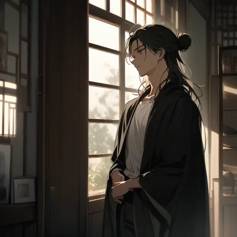 Makoto played 2000 at home a He started to wear a white shirt with dark pants, under a black cloak. He let his hair grow to shoulder length.
He tied his hair in a bun, 