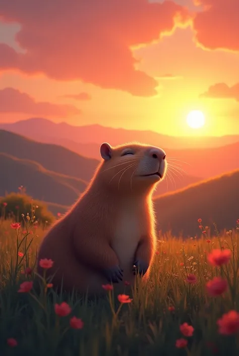 A capybara celebrating living with a landscape of a beautiful sunset