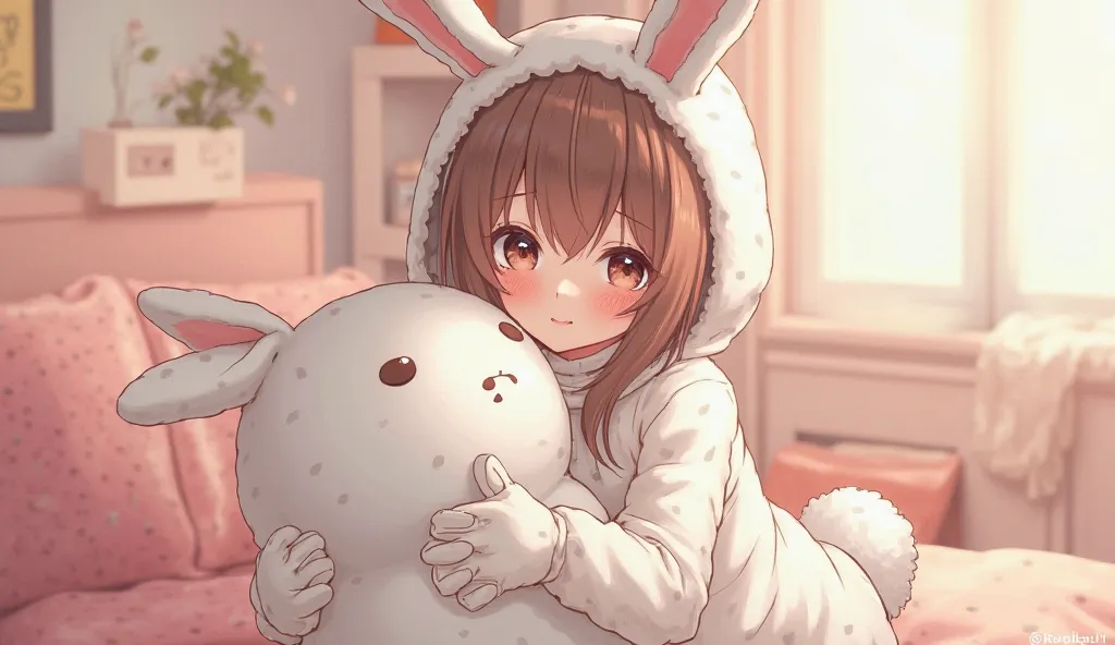 Anime woman dressed as a rabbit with a pillow. 