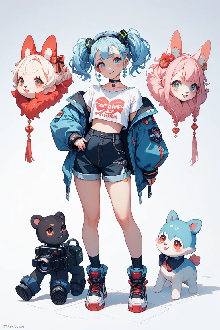 full body、The camera is in front。character design。has a white background。Use 3 colors of red, white, and black as the main colors。Make a cute cyberpunk-style design。A girl about 20 years old with a height of 6 heads、