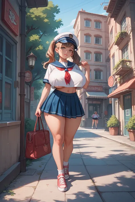 brown straight hair　Super oversized breasts 　Young junior high school student　big boobs on an abandoned street corner　big ass　sailor suit