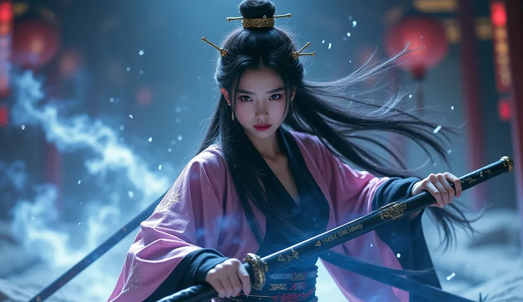 Woman, Japanese, beautiful, young, black hair, Demon slayer pose, katana swords, wearing women's earrings, (((1 girl)))，imperial shadow, magician，（perfect facial features：1.4），（Black pink and gold silk robe），（Mysterious dark magic：1.2) ，(((Powerful shadow ...