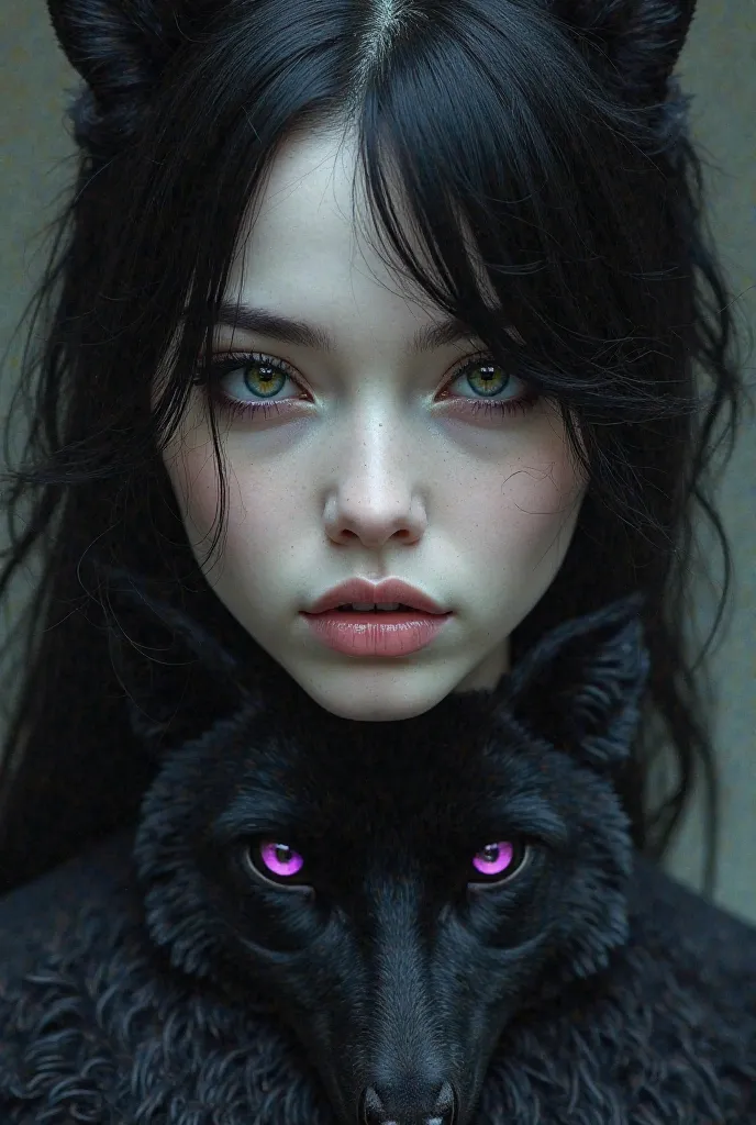 Woman, black hair, black eyes, white skin, black wolf collar with violet eyes of dige 