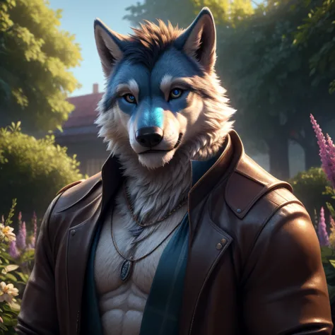 white werewolf, male, eyes blue, jacket, casting magic spell, strong, muscular, standing, thick necklace,