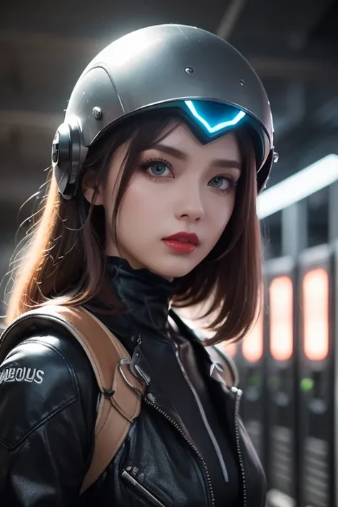  close-up of a woman wearing a futuristic helmet and red lipstick, Cyberpunk Jackie Wells, cgsociety 9,  style for stilets = Retro futuristic ,  beautiful android woman ,   female android ,  retro futuristic fashion , movie「 Blade Runner 」Still image of, F...