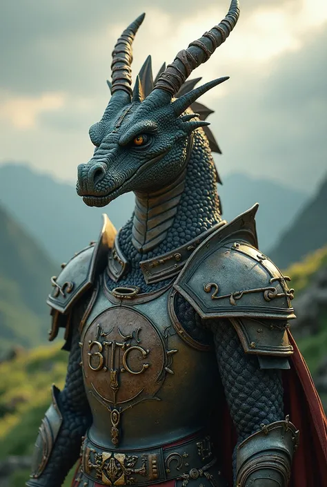 dragonoid,armor with B.T.C. on chestplate,detailed facial features,determined expression,standing upright,facing forward,fantasy medieval landscape,rolling hills,lush forests,cloudy sky,sunlight filtering through clouds,highly detailed,intricate textures,c...