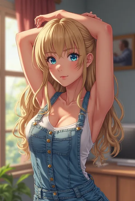 (anime woman, long blonde hair, blue eyes, White tank top, blue denim overalls, toned arms, at home, stretching arms, raised arms, showing off armpits, exposed armpits, from left side, anime, rough sweaty armpits, from left side, closeup of armpit, anime c...