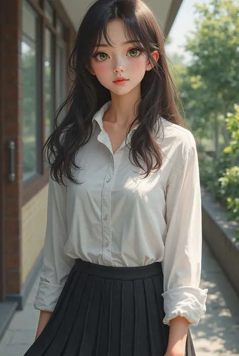 An 18-year-old girl wearing a school uniform with a black skirt and a long-sleeved shirt,white with green eyes and dark brown hair that reaches her shoulders and a little more 