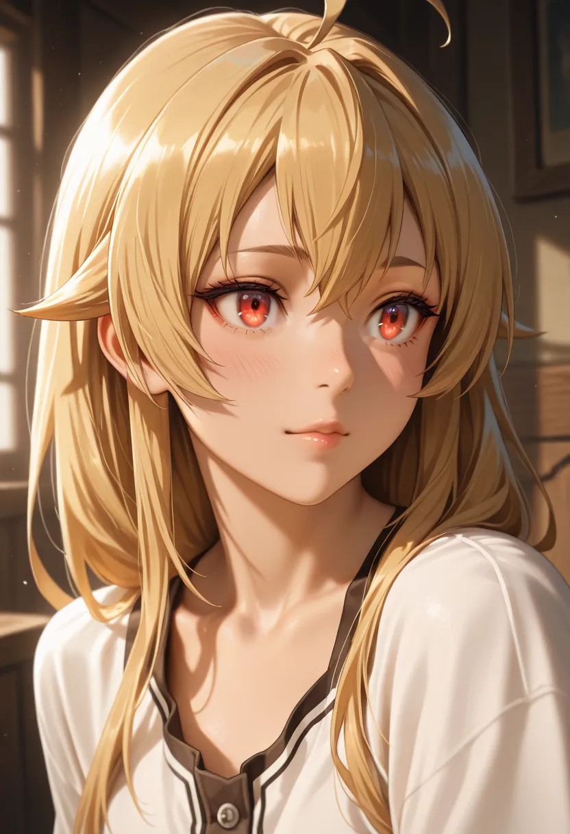 masterpiece, best quality, vibrant, very aesthetic, high contrast, photorealistic portrait,beautiful detailed face,detailed texture,detailed skin, newest, 1girl,Mushoku Tensei,source_Mushoku Tensei,eris,shirt,room
