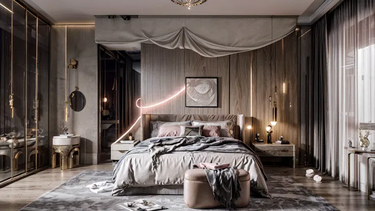 Best quality, masterpiece, ultra high res, raw photo, beautiful and aesthetic,deep shadow, fantasy theme,(ultra detailed:1.3), divine, royal bedroom, indoors, luxurious, canopy bed, full of curtains, pillows, jewelry, candlelight, queen chamber, pink room