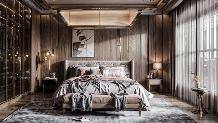 Best quality, masterpiece, ultra high res, raw photo, beautiful and aesthetic,deep shadow, fantasy theme,(ultra detailed:1.3), divine, royal bedroom, indoors, luxurious, canopy bed, full of curtains, pillows, jewelry, candlelight, queen chamber, pink room