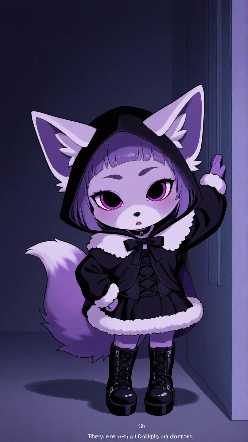 toddler, gothic clothing, gothic boots, fox tail, fox eyes, fox ears, body fur, full body