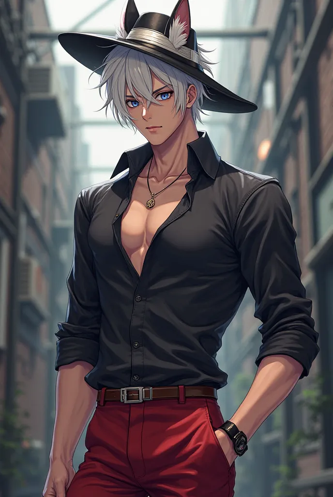 I want a male anime character with the Milan shirt, red pants and white hair with a black hat with ears and a serious face.