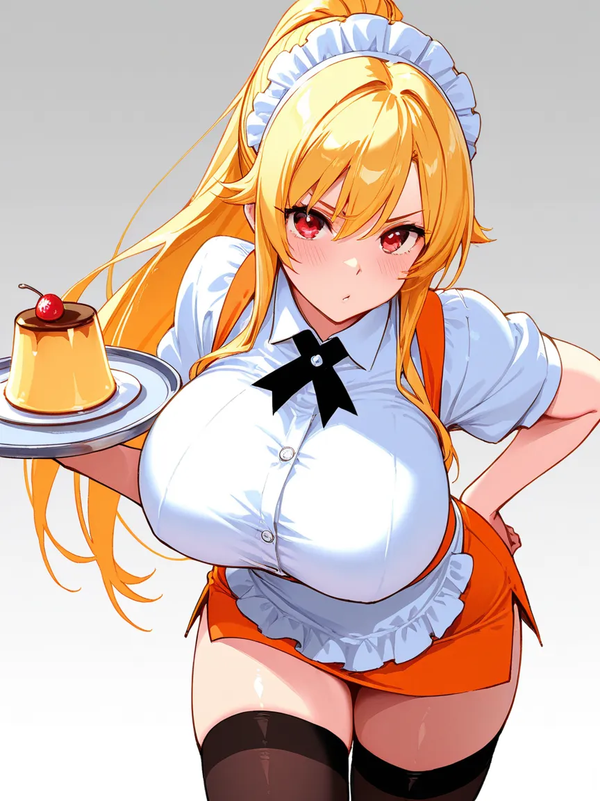 8k,masterpiece, best quality, ultra detailed, high resolution, super fine illustration, (pudding a la mode), 1girl, solo, red eyes, blonde hair, long hair, ponytail, huge breasts, waitress uniform, miniskirt, thighhighs, looking at viewer,