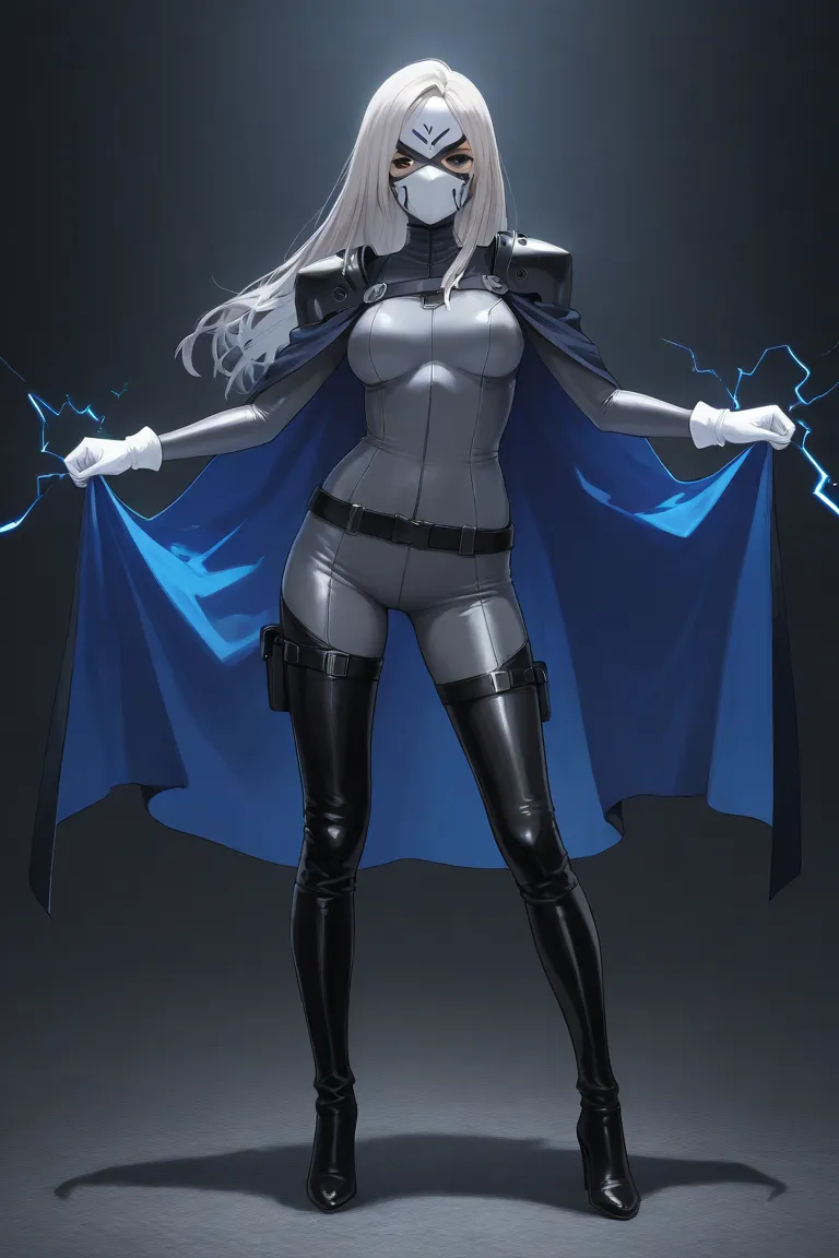 high resolution, masterpiece, necessary, detail, best quality, quality, necessary, details, High details, Precise, 
 
1girl_ ufotable style, ufotable anime

(Solo) faceless, mask covered face, white mask with black eyes, grey hair, long hair, blue long cap...