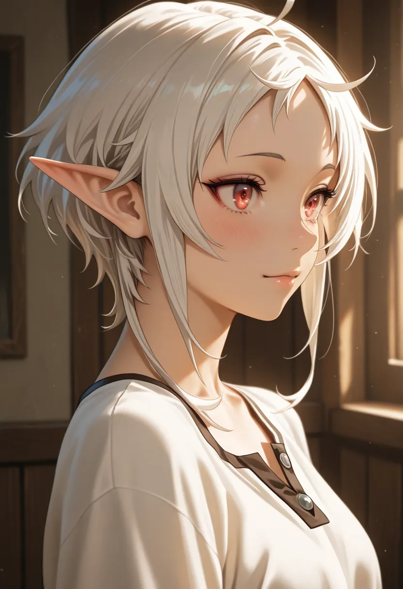 masterpiece, best quality, vibrant, very aesthetic, high contrast, photorealistic portrait,beautiful detailed face,detailed texture,detailed skin, newest, 1girl,Mushoku Tensei,source_Mushoku Tensei,Sylphiette,shirt,room
