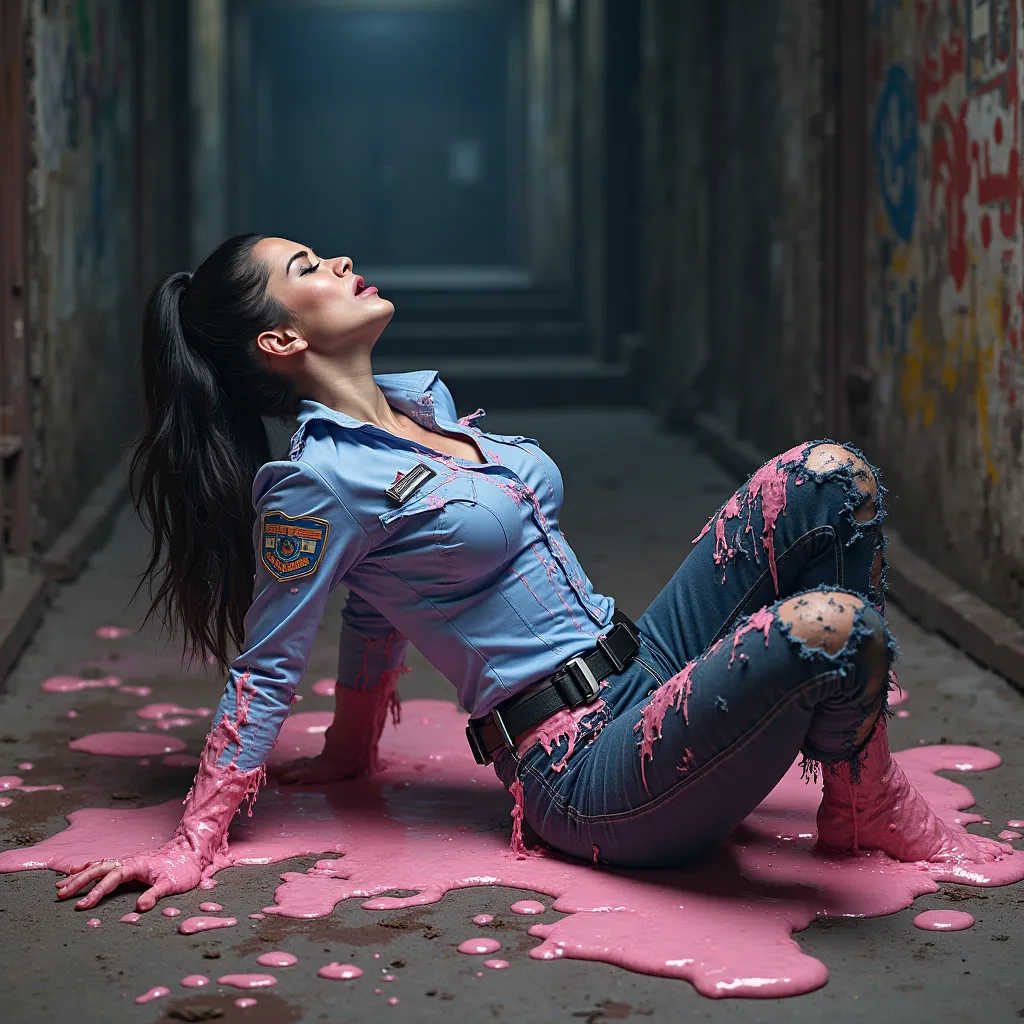 30 year old white police woman, writhing on the ground, melting as she's engulfed in a massive blob of pink congealed slime, dressed in a shredded and tattered melting blue police uniform. Ripped up light blue shirt, shredded dark blue pants. Shapely and t...