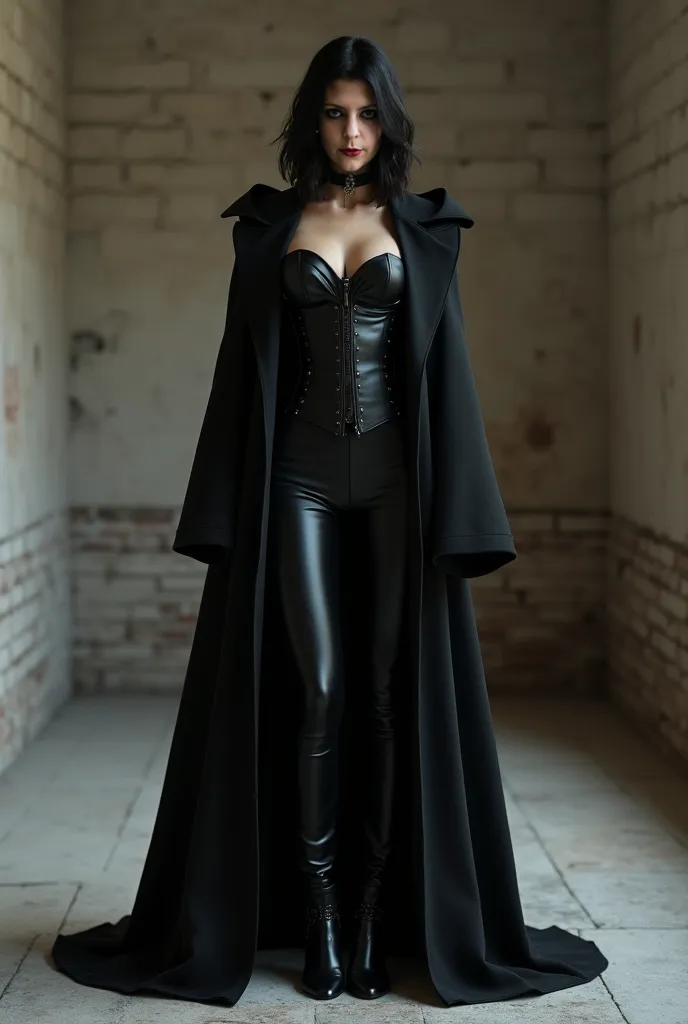 A young woman with a black corset,  black pants,  and overcoat black. black-haired girl.  shoulder-length hair . Black pants and boots. An empty room with exposed brick wall.