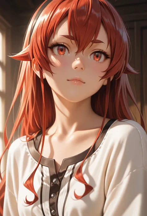 masterpiece, best quality, vibrant, very aesthetic, high contrast, photorealistic portrait,beautiful detailed face,detailed texture,detailed skin, newest, 1girl,Mushoku Tensei,source_Mushoku Tensei,Eris Greyrat,shirt,room
