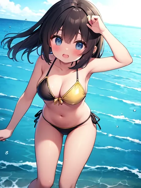 Seaside、 brown skin、 Gold、black bikini、 splashes 、cute