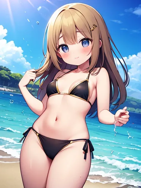 Seaside、 brown skin、 Gold、black bikini、 splashes 、cute