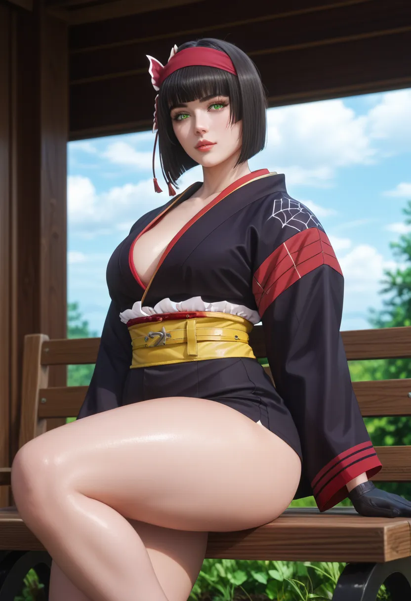  short black hair,  green eyes,   medium-large abdomen with scars  ,   red kimono  , yellow belt,  thick thighs,   big sexy black gloves  ,  sitting on the bench ,  thick thighs,  big boobs,   large neckline showing breasts  , Marked abdomen ,  thick thigh...