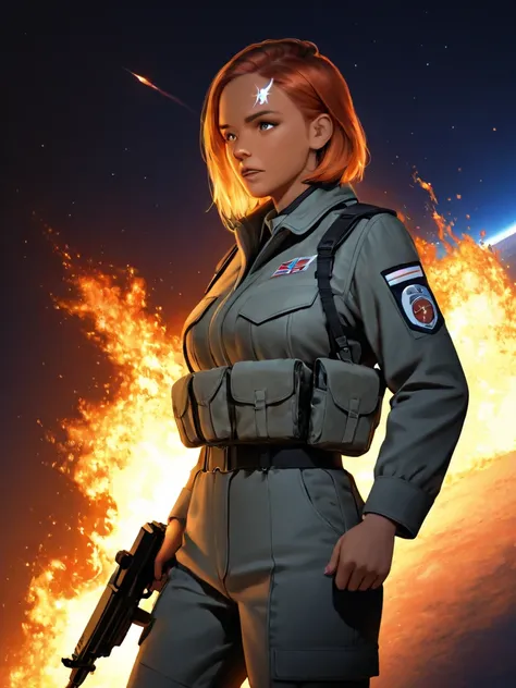 Beautiful age girl wielding a boxy futuristic machinegun while standing in a space station corridor a stern expression on her face. lighting low-light, chiaroscuro. She has a large crystal of a brass hue embedded in her forehead, wild ginger hair, and skin...