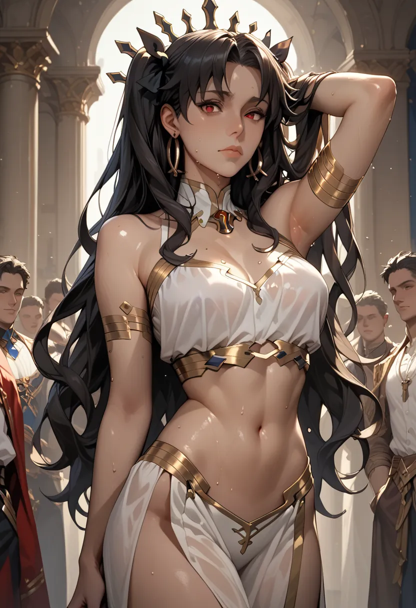 1 , Ishtar (fate grand order), big boobs,  bare shoulders , looking at the spectators, standing,  portrait,  very sweaty, quadris, thighs, stomach, Arm up, armpit, Flawless face 
