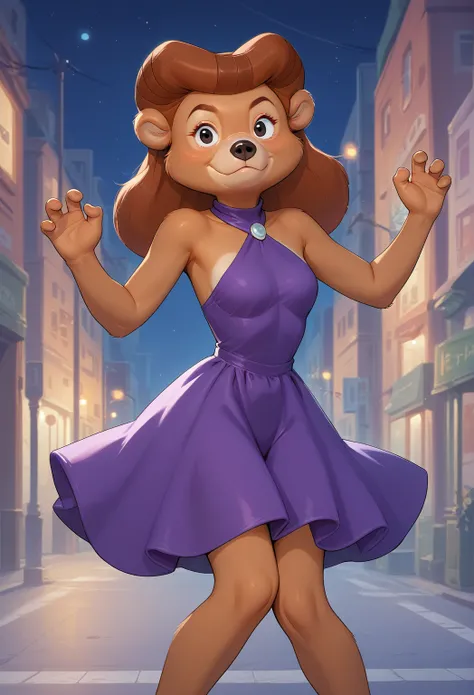 score_9, score_8_up, score_7_up, source_furry, solo, one girl, one person, rebecca cunningham, anthro, bear, brown hair, sexy body, dance pose, elegant night dress, night, city street, two-toned body,closed mouth, two hands, stretching hands to sides, two ...