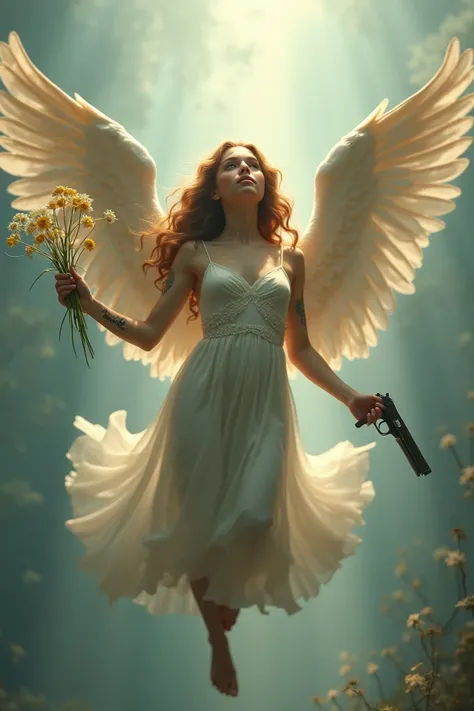 Create a floating angel, looking forward, holding buds or flower, and a pistol in the other hand! He has a tattoo written @fascinatingly