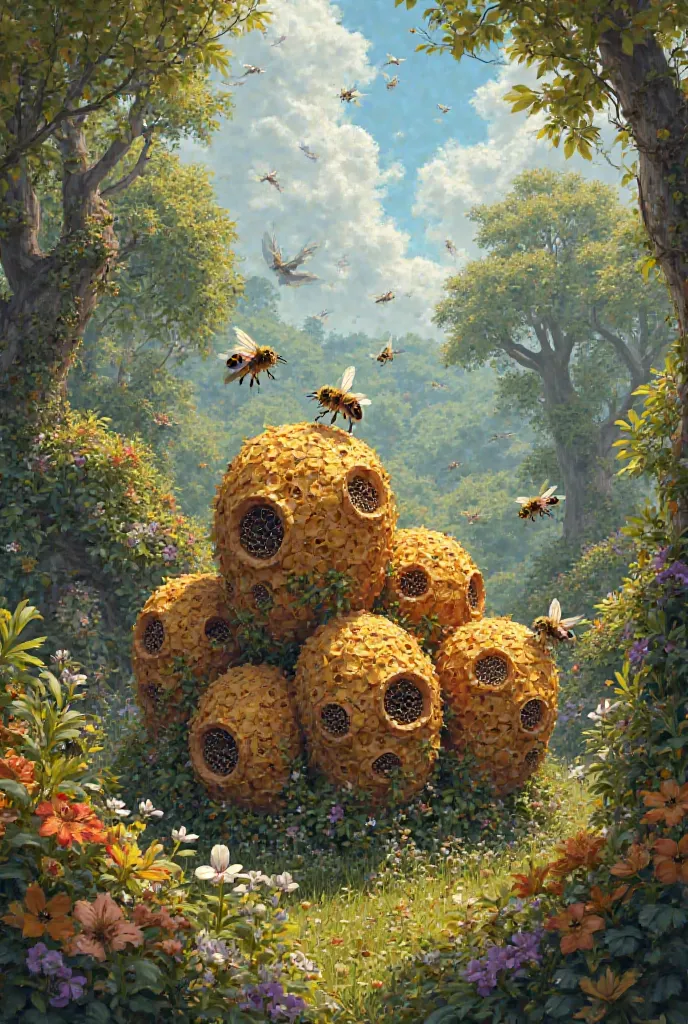 Create an image with bees as realistic as possible with the words meliponario and apiary JT