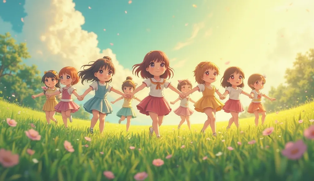 a group of ung anime girls with cute facial features, playing ring around the rosy in a lush green grass field, bright sunny day, detailed facial features, intricate hairstyles, whimsical, pastel colors, soft lighting, magical atmosphere, highly detailed, ...