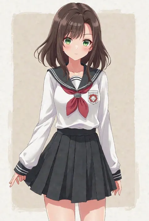 An 18-year-old girl wearing a school uniform with a black skirt and a long-sleeved shirt,white with green eyes and dark brown hair that reaches her shoulders and a little more animated like the anime Alya-san
