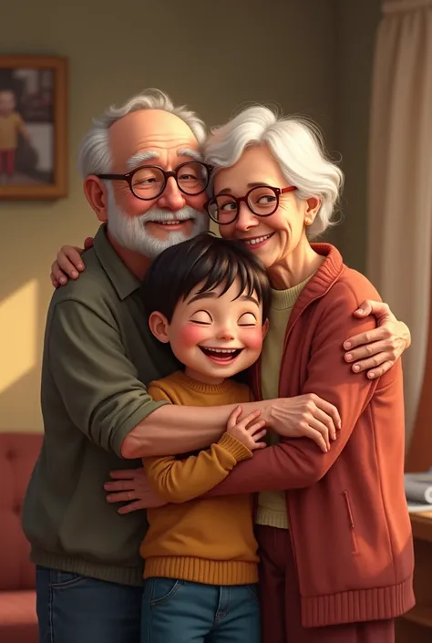  The boy hugging his grandparents at home,  with a smile on my face .
