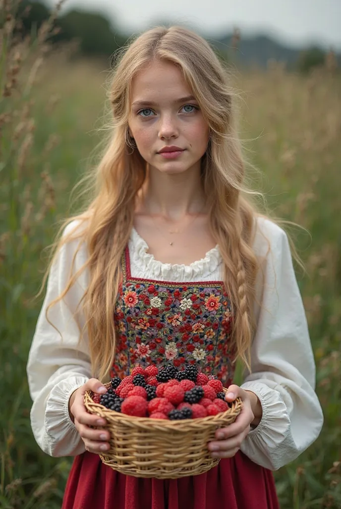 Danish girl in national clothes full-length blonde beautiful in the hands of berries 